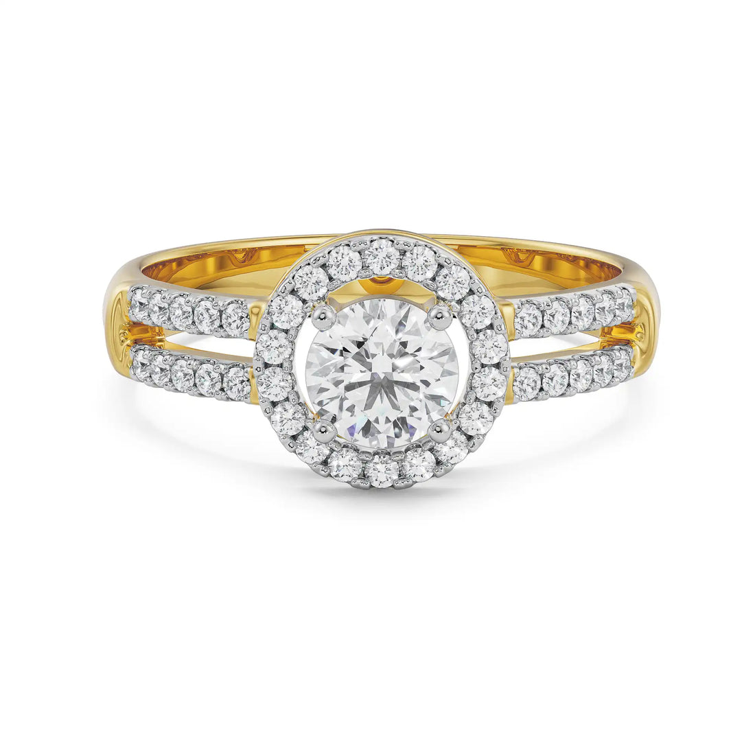 Round Halo Diamond Ring in 18K Yellow Gold with Split Shank Band