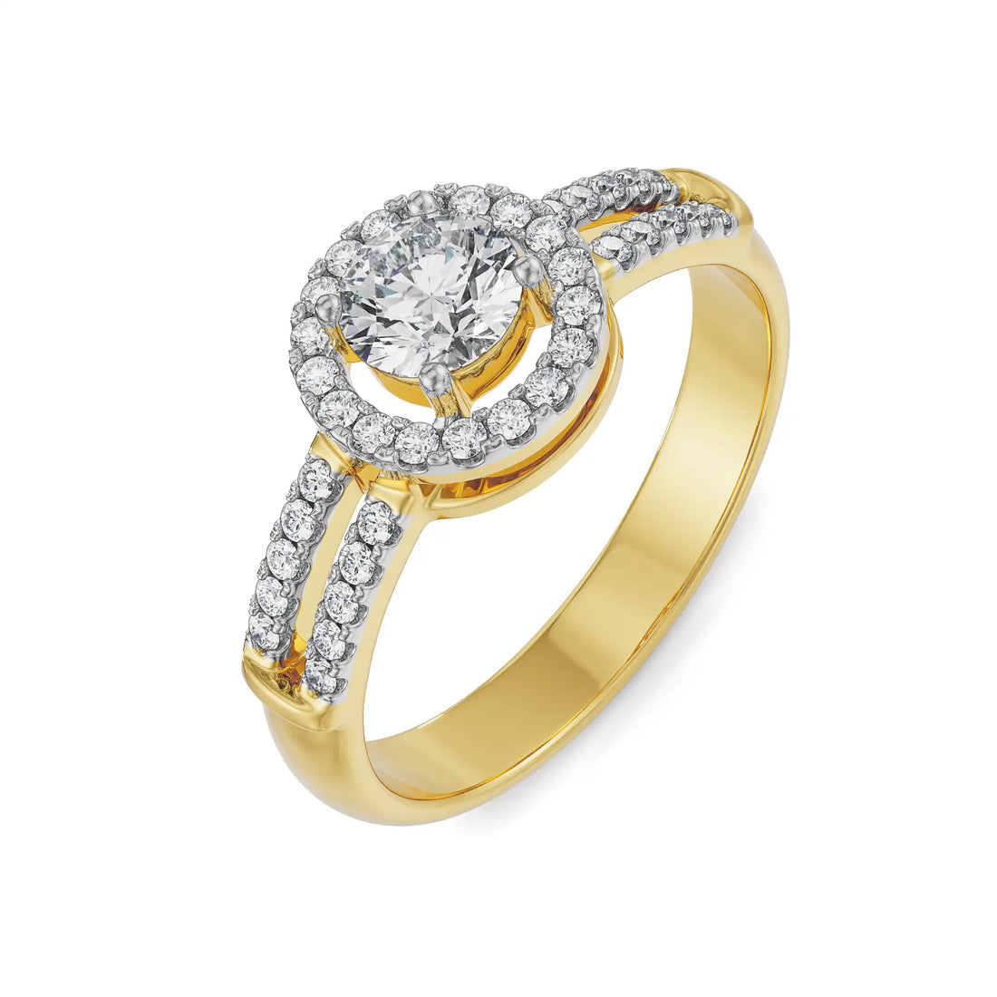 Round Halo Diamond Ring in 18K Yellow Gold with Split Shank Band