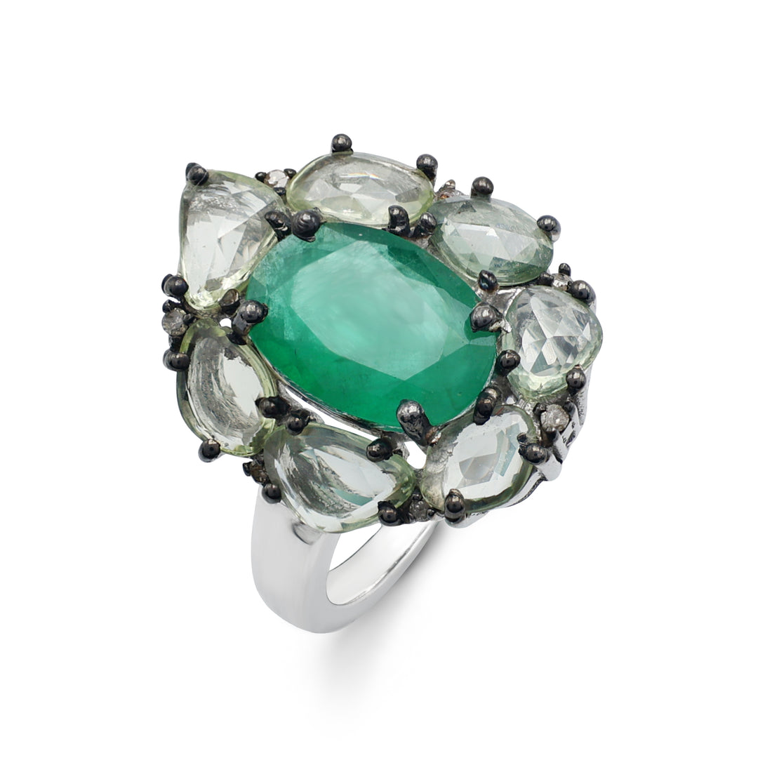 Bold Artisan Cluster Ring with Emerald & Green Sapphire in Black Rhodium Sterling Silver