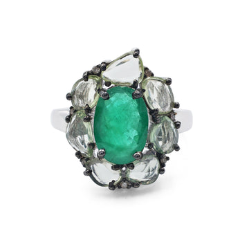 Bold Artisan Cluster Ring with Emerald & Green Sapphire in Black Rhodium Sterling Silver
