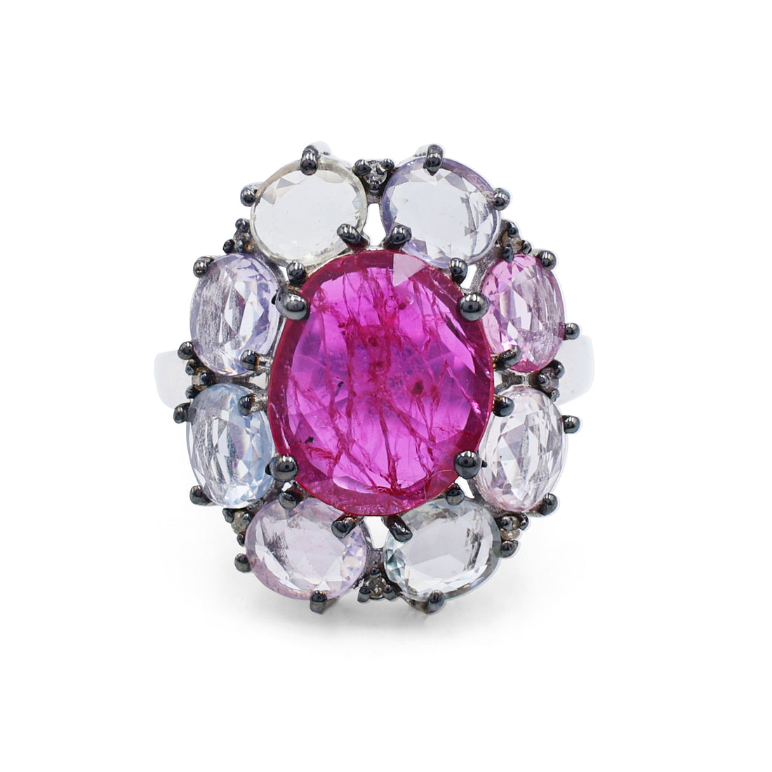 Bold Artisan Cluster Ring with Ruby & Pink Sapphire in Black Rhodium Sterling Silver
