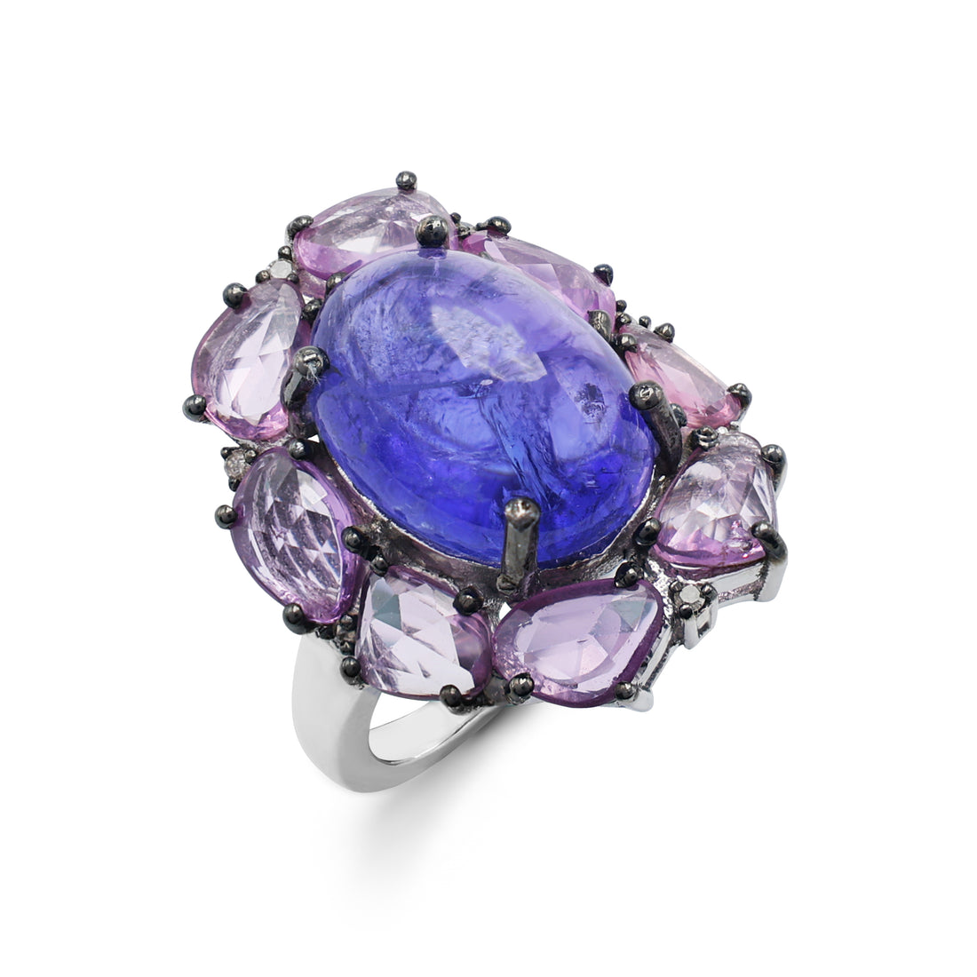 Bold Artisan Tanzanite & Pink Sapphire Cluster Ring in Black Rhodium Sterling Silver