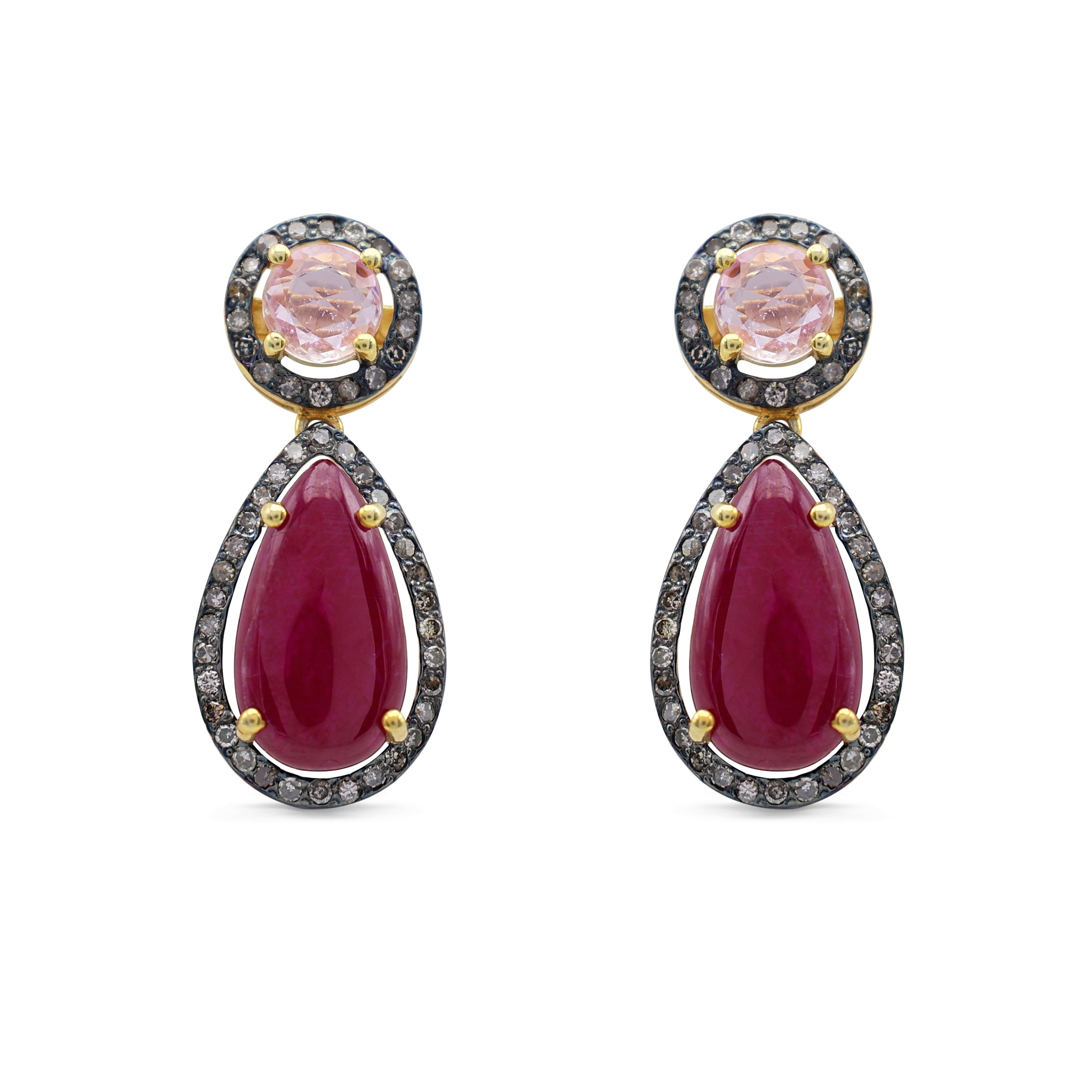 Statement Ruby & Pink Sapphire Drop Earrings with Diamond Halo in Two-Tone Sterling Silver