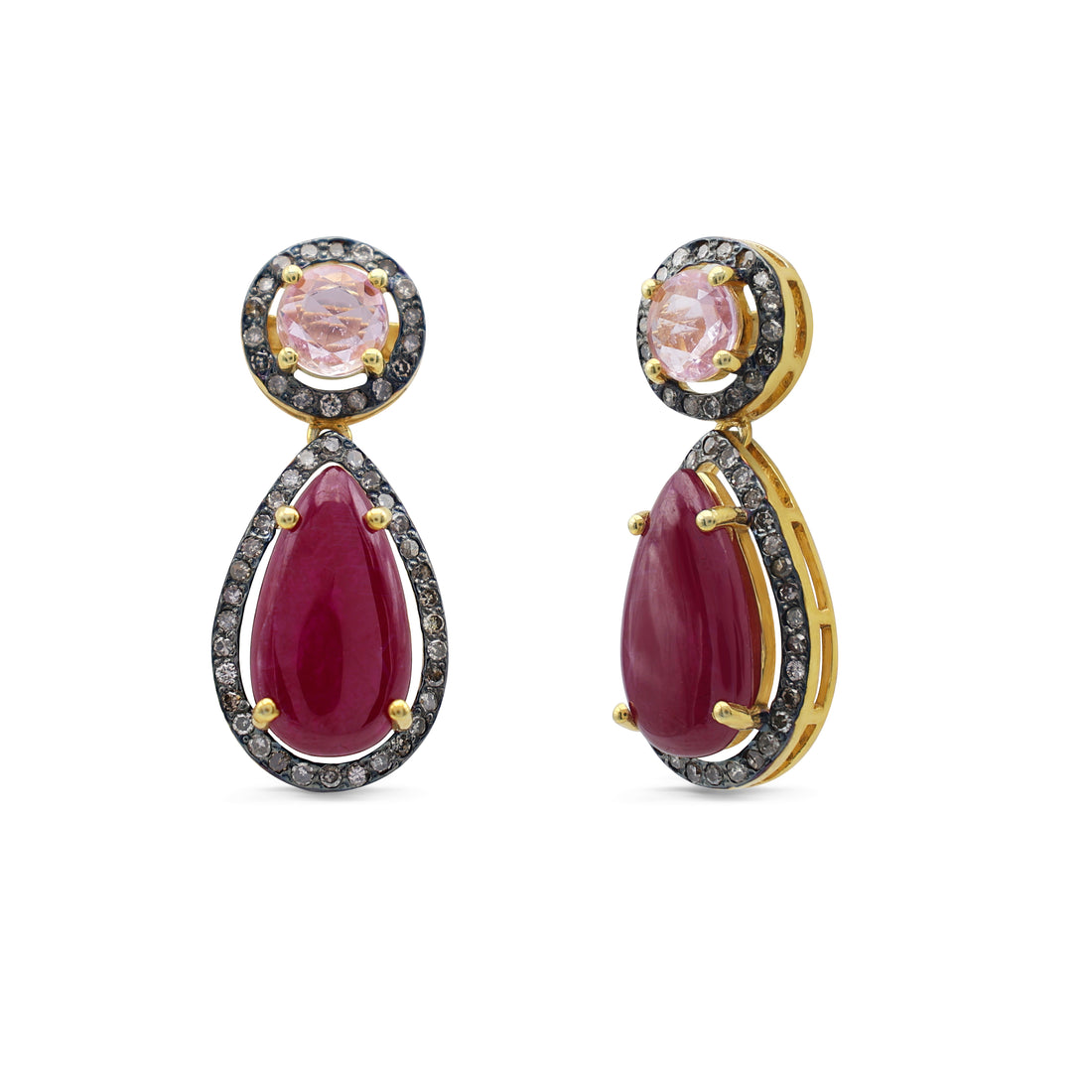 Statement Ruby & Pink Sapphire Drop Earrings with Diamond Halo in Two-Tone Sterling Silver