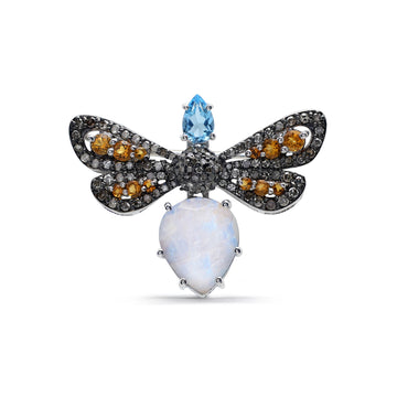 Artisan Insect Brooch with Rainbow Moonstone, Blue Topaz & Citrine in 925 Sterling Silver