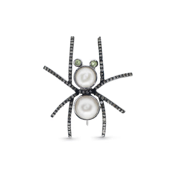 Gothic Pearl & Peridot Spider Brooch with Pavé Accents in Blackened 925 Sterling Silver