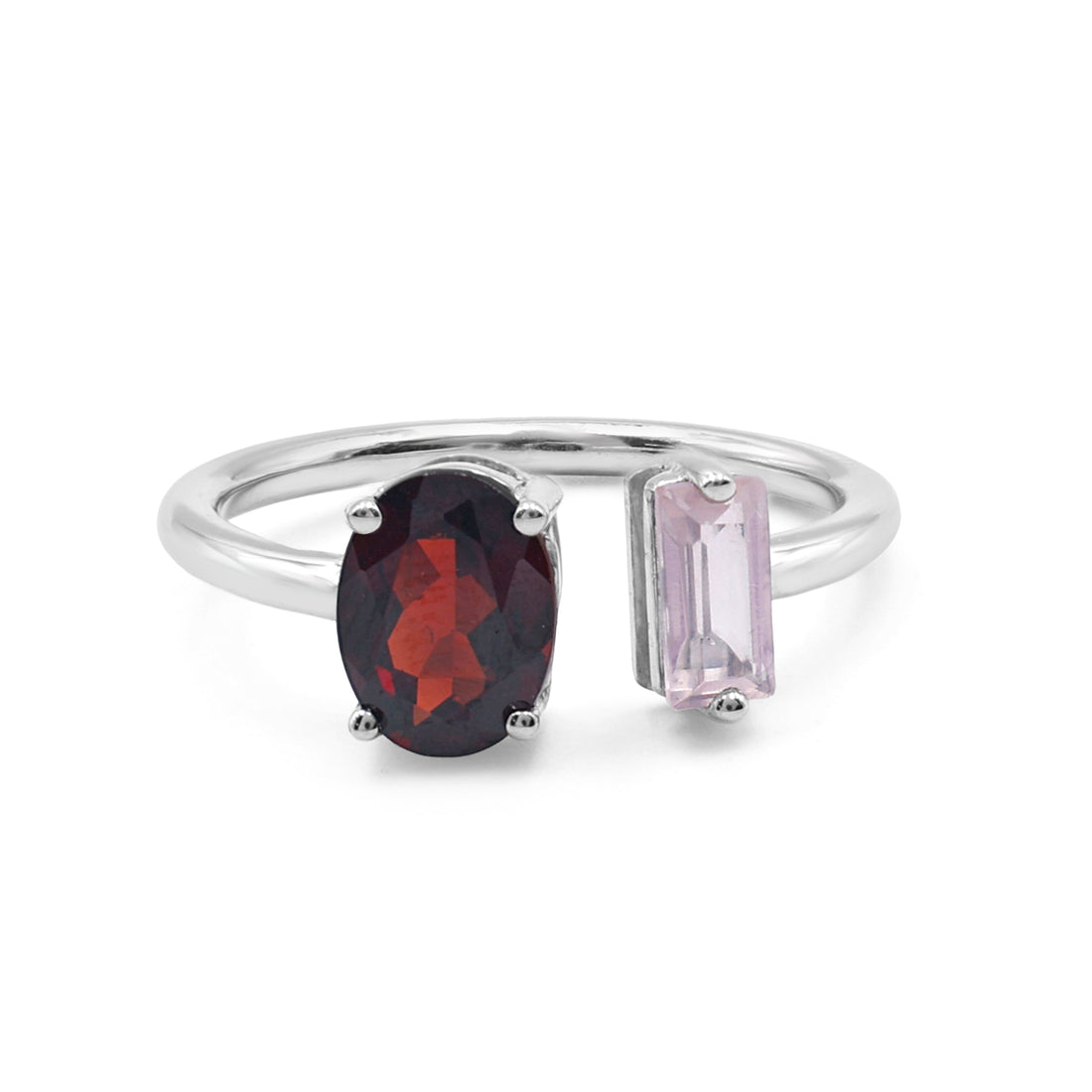 Asymmetrical Toi et Moi Ring with Oval Garnet & Baguette Rose Quartz in Sterling Silver