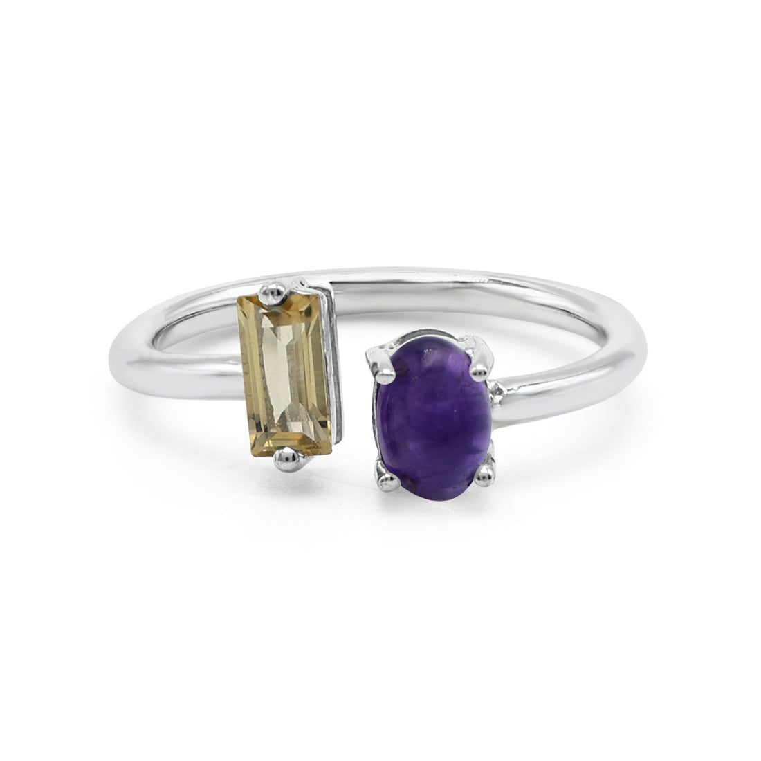 Asymmetrical Toi et Moi Ring with Baguette Citrine & Amethyst Cabochon in Sterling Silver