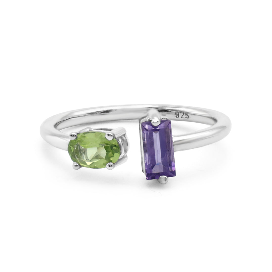 Modern Toi et Moi Ring with Oval Peridot & Baguette Amethyst in Sterling Silver