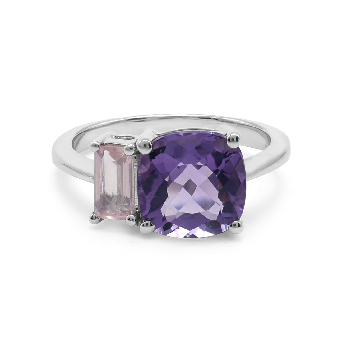 Bold Toi et Moi Statement Ring with Cushion-Cut Amethyst & Baguette Rose Quartz in Sterling Silver
