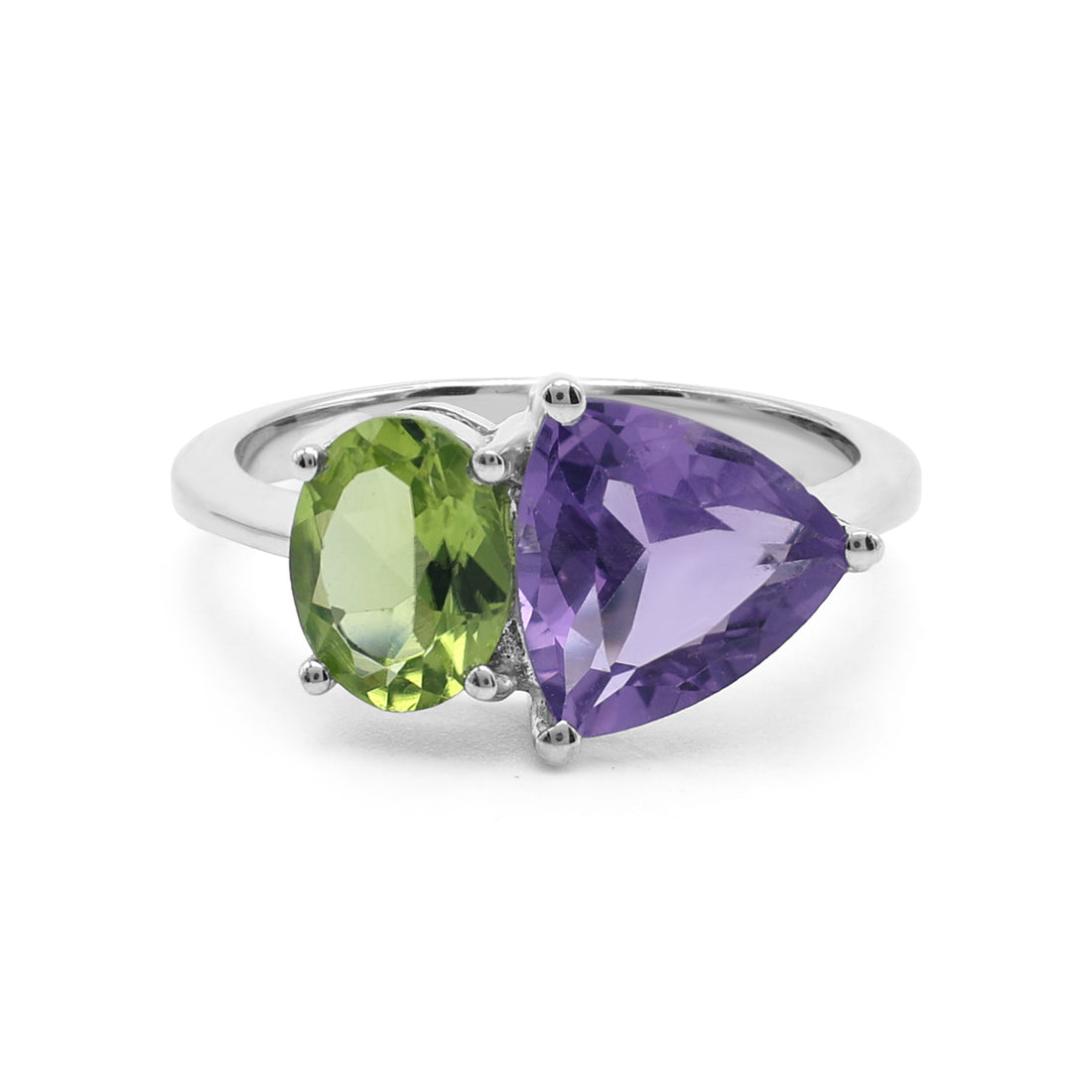 Bold Toi et Moi Ring with Trillion Amethyst & Oval Peridot in 925 Sterling Silver