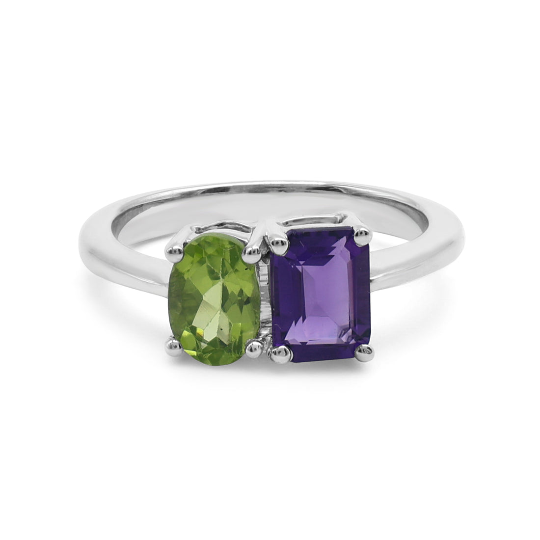 Elegant Toi et Moi Ring with Emerald-Cut Amethyst & Oval Peridot in 925 Sterling Silver