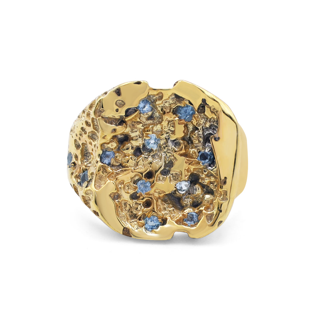 Artisan Organic Molten Texture Ring with Blue Topaz Accents in Gold Vermeil Sterling Silver