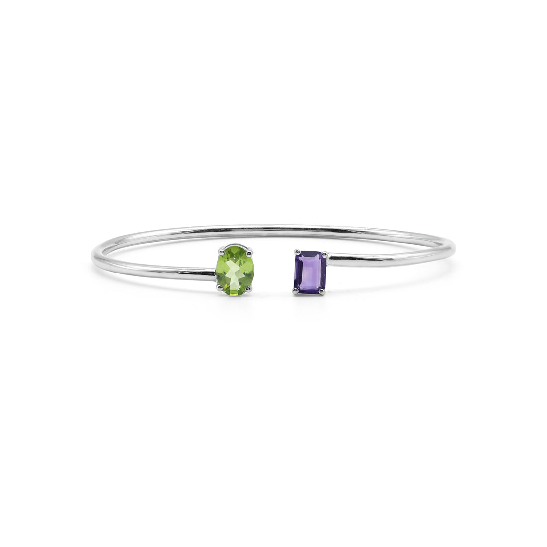Toi et Moi Cuff Bangle with Emerald-Cut Amethyst & Oval Peridot in 925 Sterling Silver