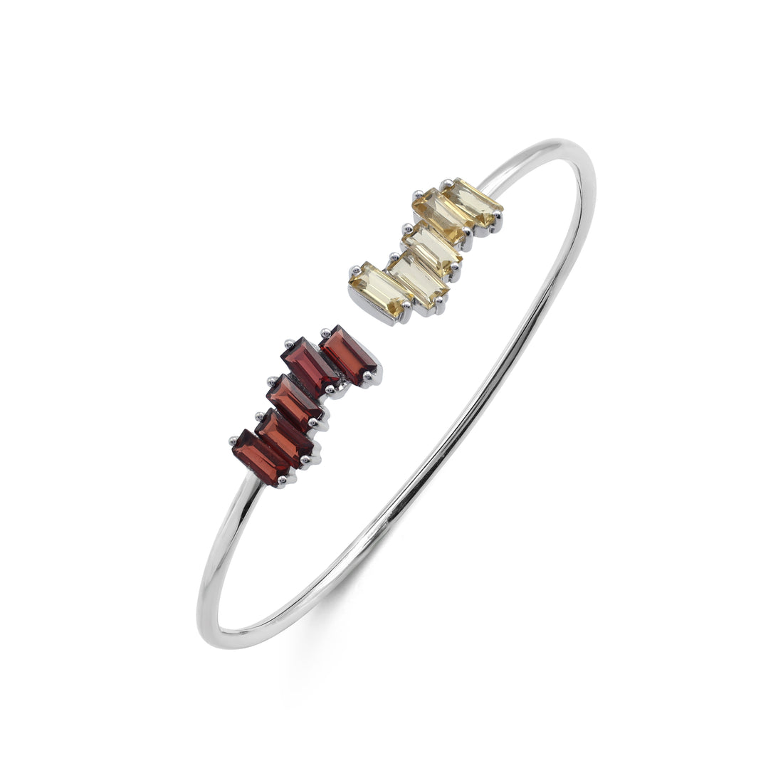 Toi et Moi Cuff Bangle with Baguette-Cut Garnet & Citrine in 925 Sterling Silver