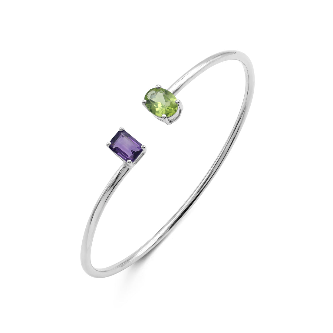Toi et Moi Cuff Bangle with Emerald-Cut Amethyst & Oval Peridot in 925 Sterling Silver