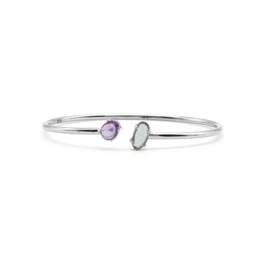 Toi et Moi Open Cuff Bangle with Green & Purple Sapphire in 925 Sterling Silver