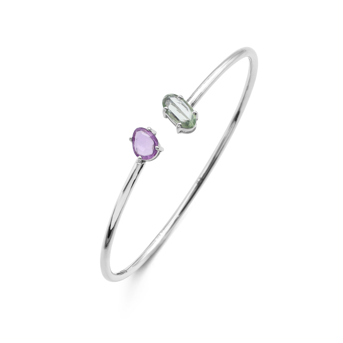 Toi et Moi Open Cuff Bangle with Green & Purple Sapphire in 925 Sterling Silver