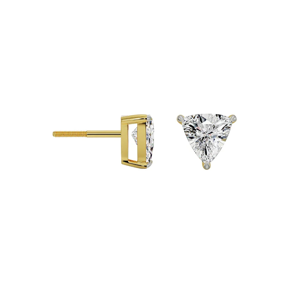 1 CT Trillion Cut Diamond Stud Earrings in Yellow Gold